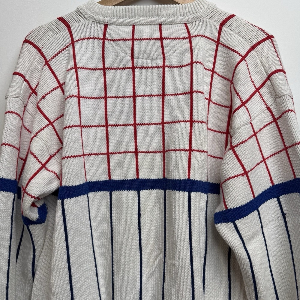 VTG Competitive Edge Neiman Marcus Large Knit Sweater Henley Cotton White Grid - Picture 8 of 13